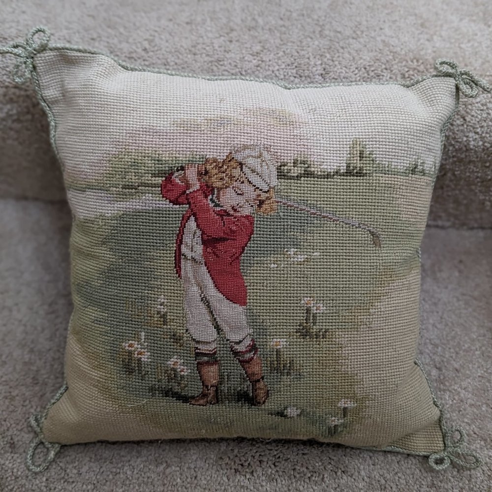 Needlepoint Pillow with Quaint Vintage Scene of Child Playing Golf